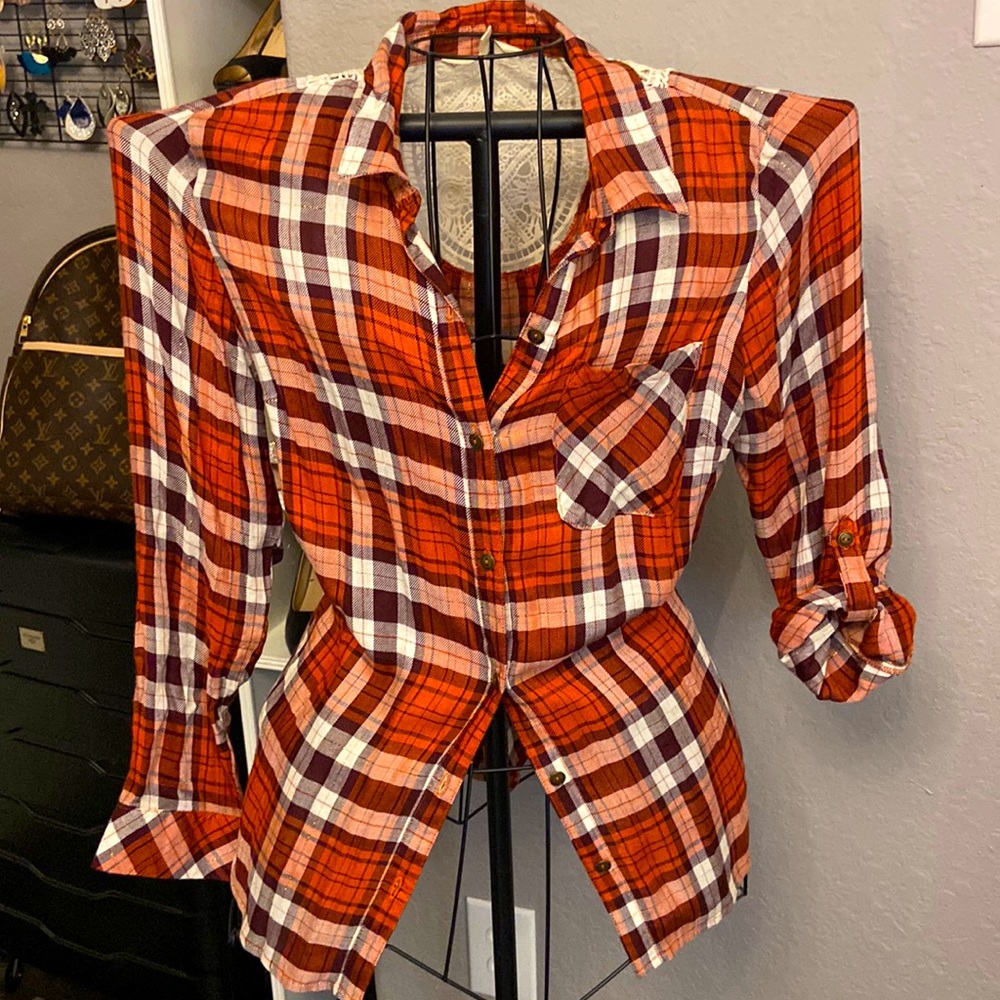 Orange Plaid Shirt with Lace
